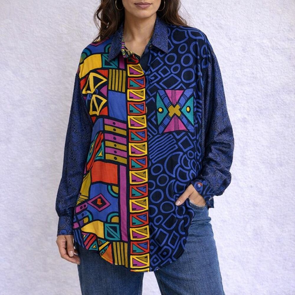 Platinum Blue Abstract Geometric Oversized Colorblock Button Down Blouse Sz M